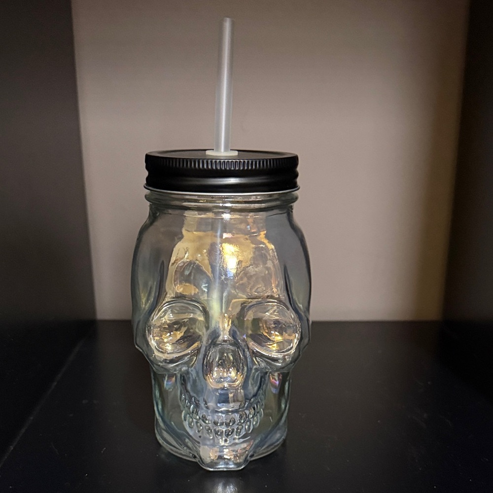 Set of 4 Skull Glass Mason Jar with Straw